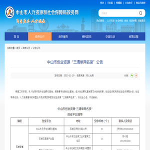 中山市创业资源“三清单两名录”公告 - 中山市人力资源和社会保障局政务网站